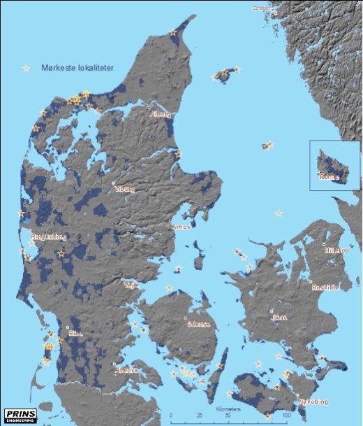 Danmarks mørkeste steder er markeret med en stjerne på dette kort fra Prins Engineering.