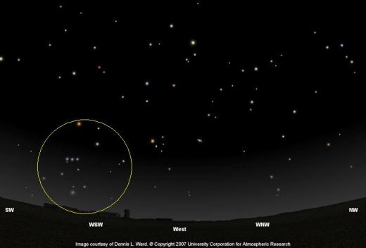 Stjernebilledet Orion (med gul cirkel omkring), som det tager sig ud nogenlunde på vores breddegrader midt på aftenen i begyndelsen af februar. Fra: Globe at Night/Dennis L. Ward, University Corporation for Atmospheric Research.
